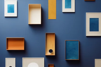 Abstract Geometry: Blue Background Image of Different Shaped Boxes on a Wal AI Image