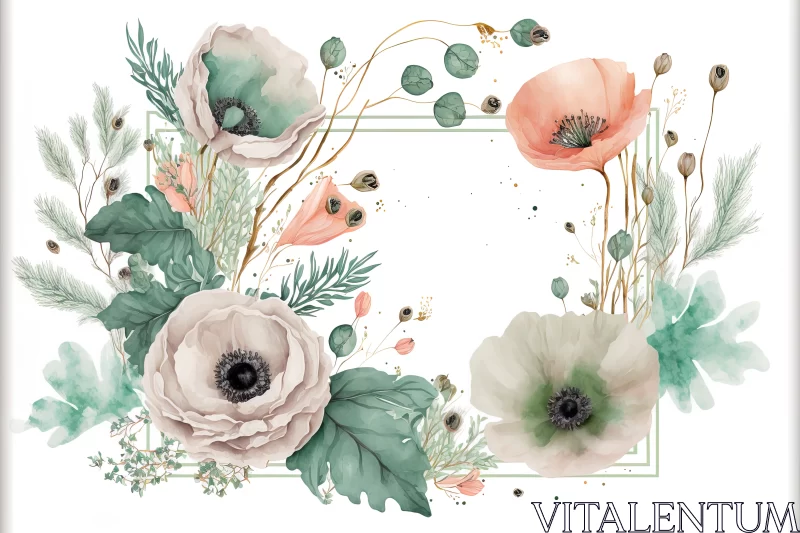 Artistic Fusion: Anemone Flowers and Eucalyptus Twigs Frame with Splashes of Paint AI Image