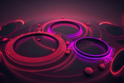 Radiant Reverie: Glowing Neon Red and Purple Circles, Rings, and Lines with Ground Reflections