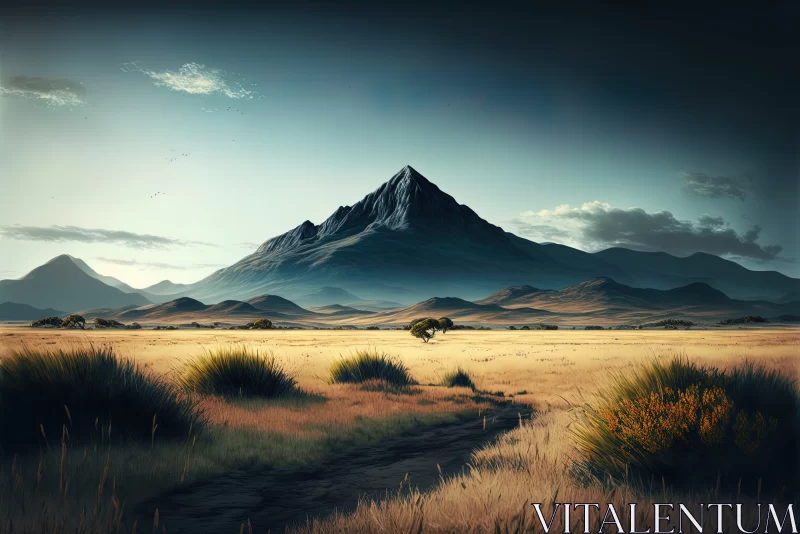 Nature's Majesty: An Expansive Field with a Mountainous Spectacle in the Background AI Image