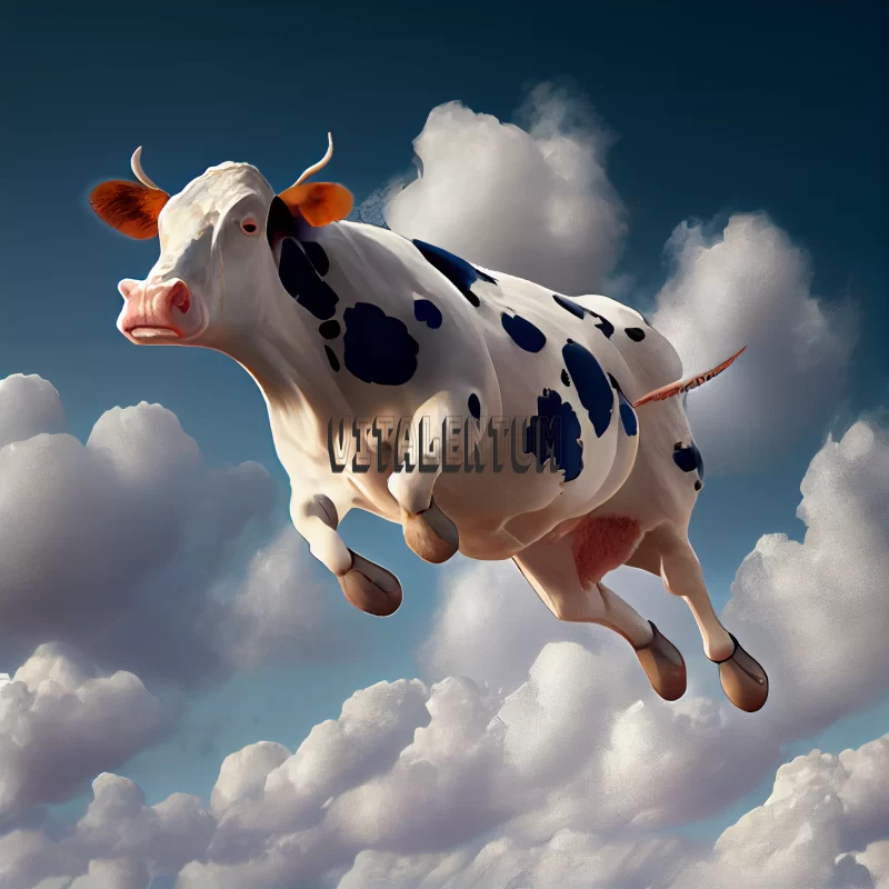 he Story Of The Flying Cow In a Blue Blue Sky AI Image