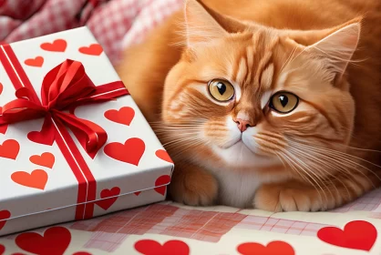 Heartwarming Affection: Ginger Cat Surrounded by Red Hearts and Gift with a Red Bow