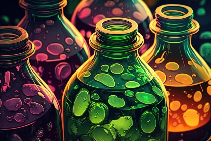 Liquid Spectrum: Closeup of Glass Bottles Filled with Vibrant-Colored Transparent Liquids