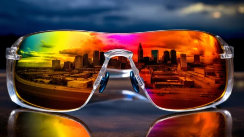 Futuristic sunglasses reflecting a vibrant city skyline at sunset.