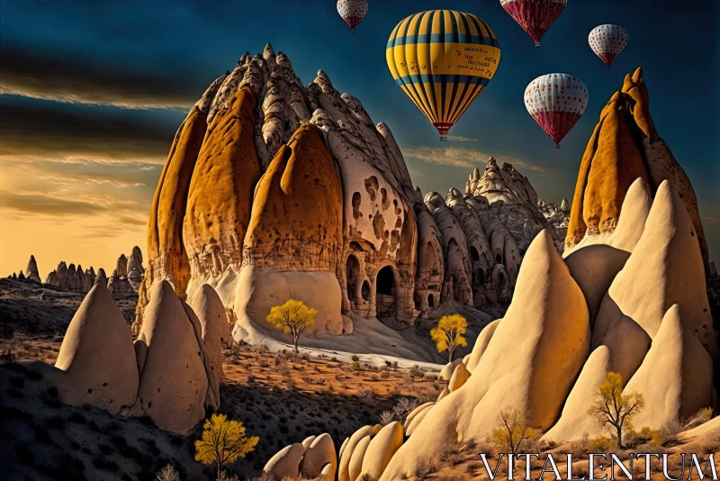 AI ART Skybound Spectacle: Colorful Hot Air Balloons Takeoff from Goreme National Park, Cappadocia, Turkey