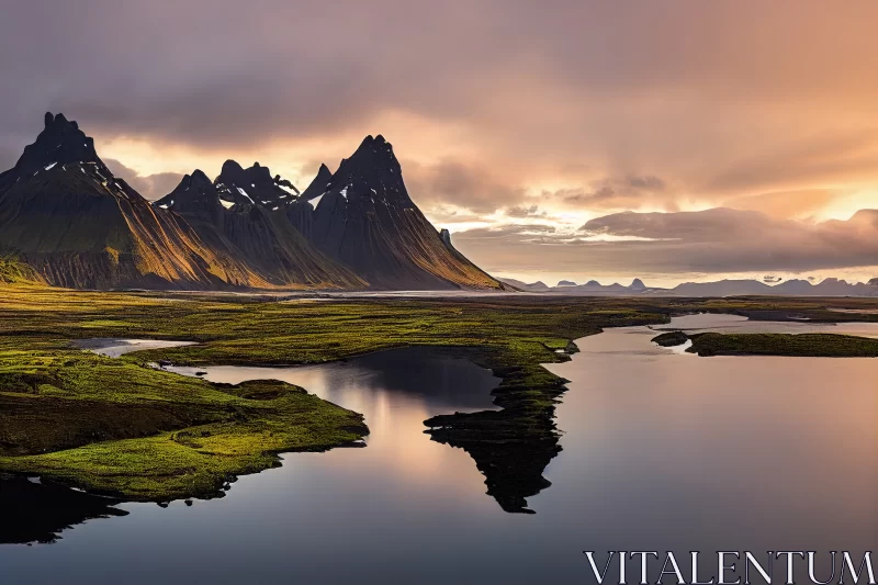 Nature's Radiance: Green Hills and Glowing Lake in Stokksnes Cape, Vestrahorn, Iceland, Europe AI Image
