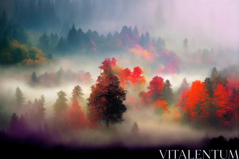 Enchanting Dreamscapes: Colourful Forest with Dreamy Fog AI Image