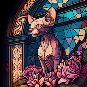 Stained Glass Window Of A Sphinx Cat In Tropical Flowers