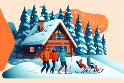 Winter Bliss: Joyful Family Skiing in the Snow AI Image