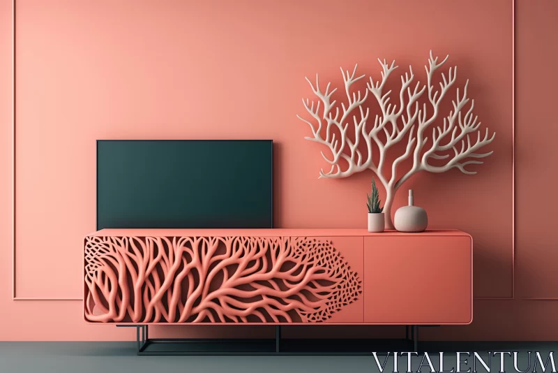 Modern Living Room with Calming Coral Wall and Stylish TV Cabinet AI Image