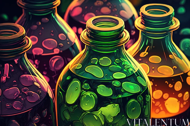 Liquid Spectrum: Closeup of Glass Bottles Filled with Vibrant-Colored Transparent Liquids AI Image