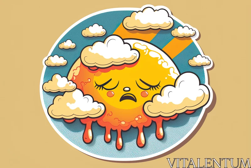 Whimsical Embrace: Cartoon Sticker of Sad Crying Sun Hugged by Clouds AI Image