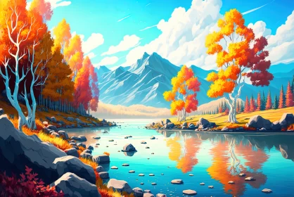 Autumn Splendor: Vibrant Fantasy Landscape with Colorful Forest, Blue River, Majestic Mountains, and