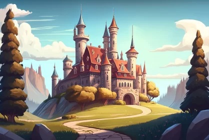 Enchanting Fantasy Realm: Digital Art Illustration of a Castle, Hill, and Trees