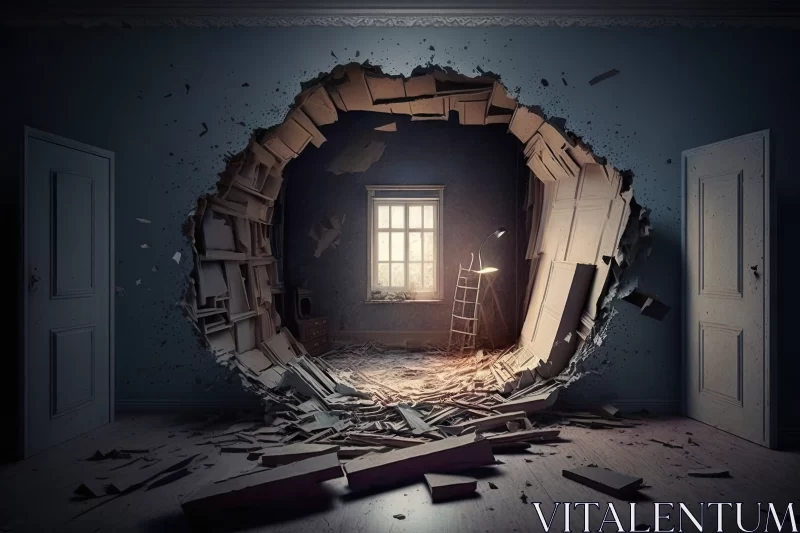 Portal to the Unknown: Hole in the Wall of a Destroyed Room AI Image