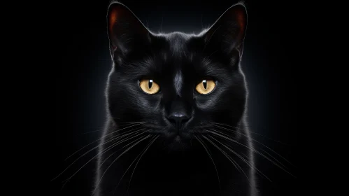 Striking portrait of a black cat with glowing golden eyes on a dark background.