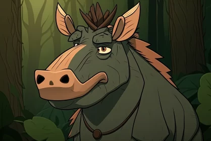 Wild Majesty: Cartoon Picture of Hairy African Warthog in a Forest AI Image