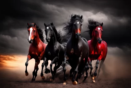 Dynamic Beauty: Herd of Black and Red Horses Galloping Across Stormy Skies AI Image