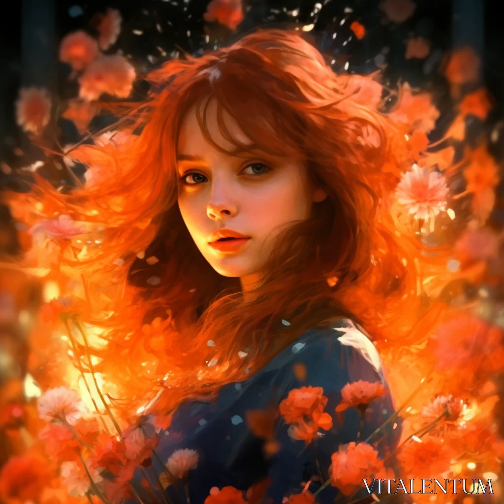 PROMPT Realistic Art: Girl with Flaming Flowers - Serene and Radiant