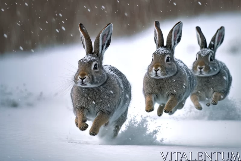 AI ART Snowy Rabbit Chase: Gray Rabbits Running Wild in the Snow