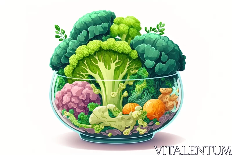 AI ART Fresh Harvest: Colorful Cabbages and Broccoli in Glass Bowl