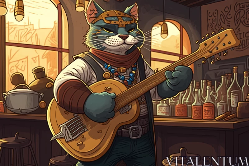 Cool Cat Vibes: Cartoon-like Bandit Cat Musician Playing Guitar AI Image