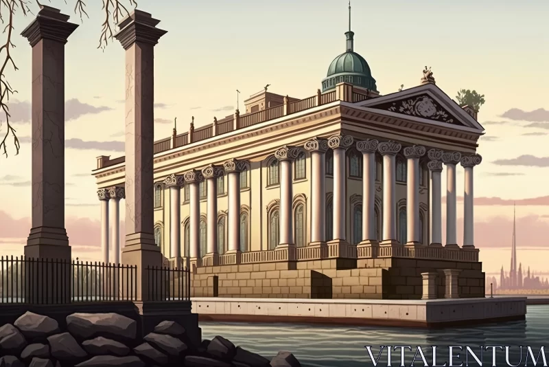 AI ART Architectural Grandeur: Ancient Building on the Embankment of Neva River, Petersburg