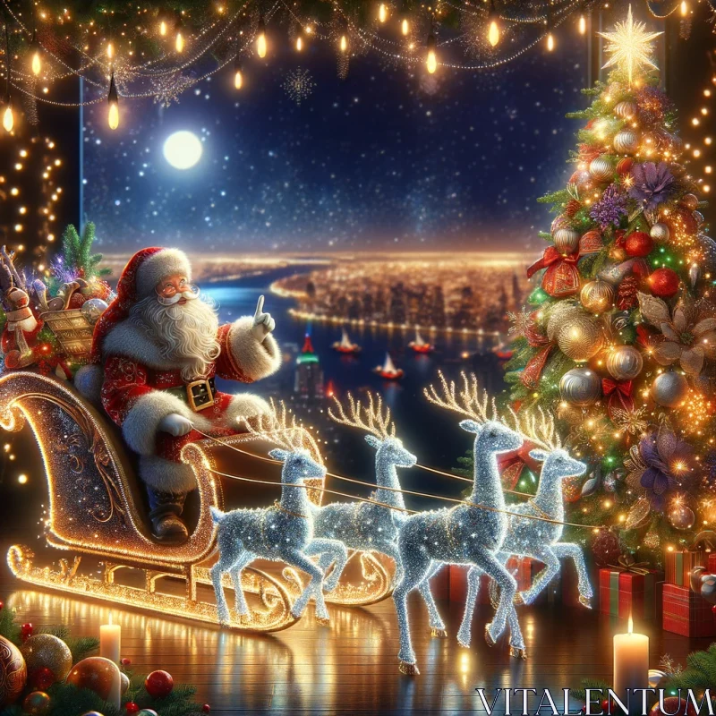 Magical Santa with Reindeer and Christmas Tree - New Year's Celebration AI Image