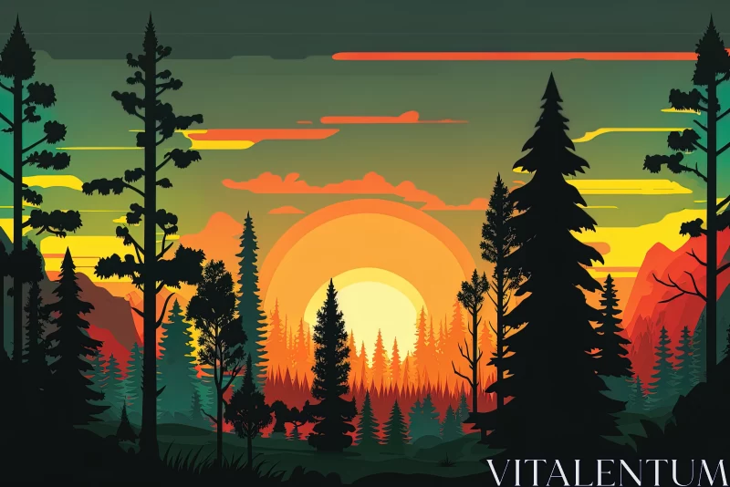 Nature's Awakening: Cartoon Illustration of Sunrise Over the Forest AI Image