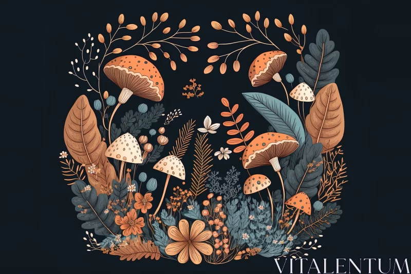 Whimsical Garden Delight: Hand-Drawn Floral Backdrop with Cute Mushrooms and Leaves AI Image