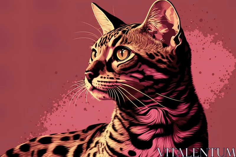AI ART Gaze of Intrigue: Detailed Brown Bengal Cat Looking Away on Pink Background