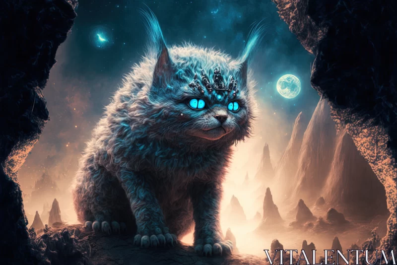 Fluffy Alien Monster Cat in a Fantastical Setting AI Image