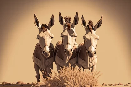 Donkey Company: Two White and Two Brown Grazing on Dried Grass AI Image