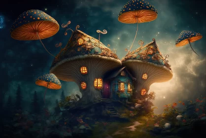 Flight of Fantasy: Fairies Soar Over Mushroom Houses in a Magical Wonderland AI Image