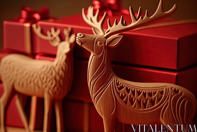 Festive Delight: Red Gift Boxes Stacked with Wooden Reindeer Figure AI Image