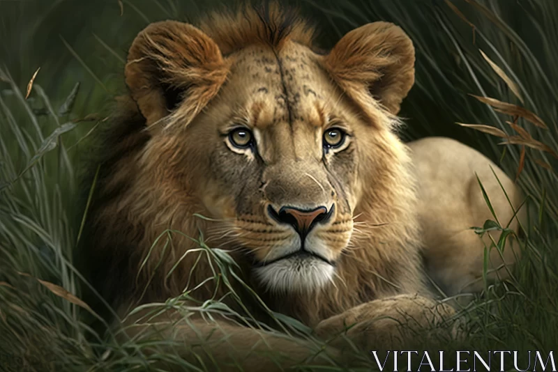 Unique Title: Regal Respite: A Majestic Lion Relaxes Amidst the Verdant Grasslands AI Image