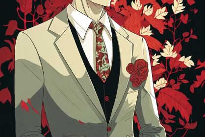 Elegant Matrimony: Closeup of Groom's Suit and Red Patterned Tie amid Serene Natural Surroundings