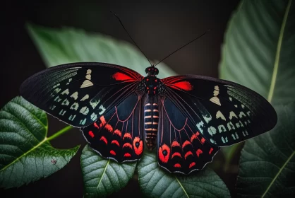 In Flight Elegance: Majestic Black and Red Butterfly Amidst Lush Green Leaves
