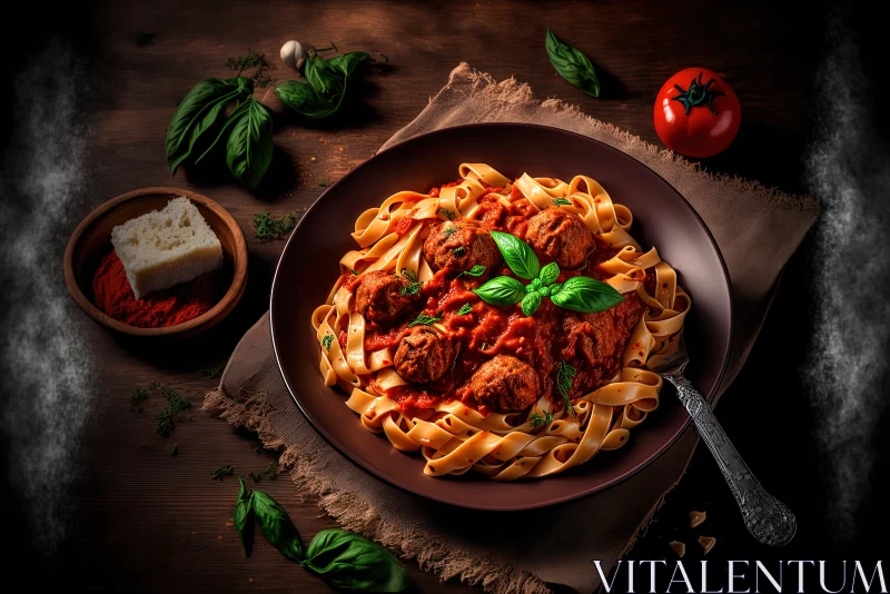 Savory Delight: Fettuccine Pasta Paired with Succulent Meatballs in Rich Tomato Sauce AI Image