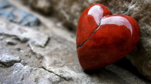 Close-up of a polished red heart-shaped stone resting on natural rock.
