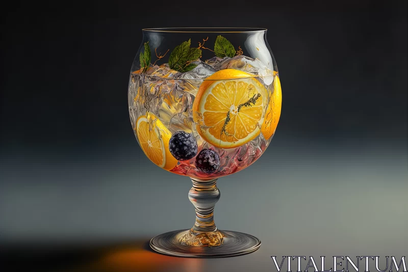 AI ART Exquisite Elixir: Artfully Garnished Cocktail Glass with Ice Cubes