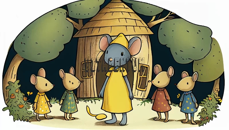 AI ART Cute Cartoon Picture Of A Mother Mouse And Her Four Little Mouse Girls