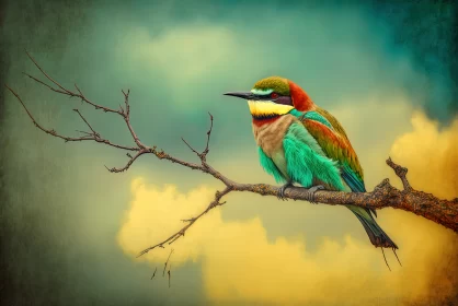 Clouded Beauty: Cute Small Bee Eater Bird Perched on a Tree Branch under the Mysterious Sky