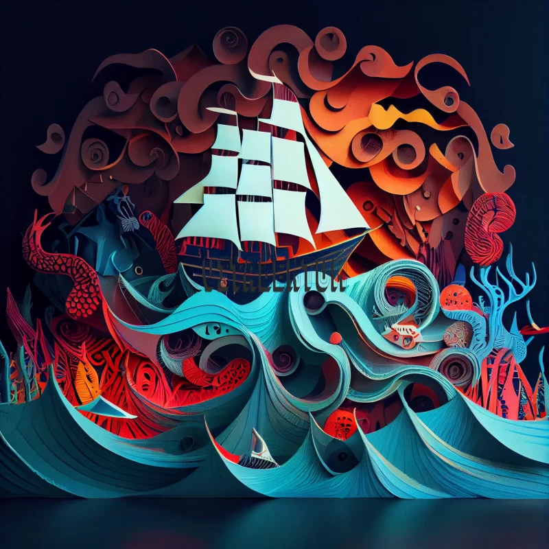 AI ART Beautiful and Unique: A Handmade Appliqué of a Wooden Dark Blue Ship in Big Blood
