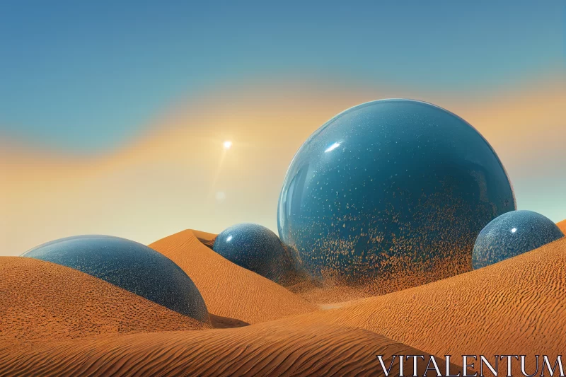 Desert Oasis: Landscape of Sand, Water, and Glossy Metallic Balls under a Clear Blue Sky AI Image