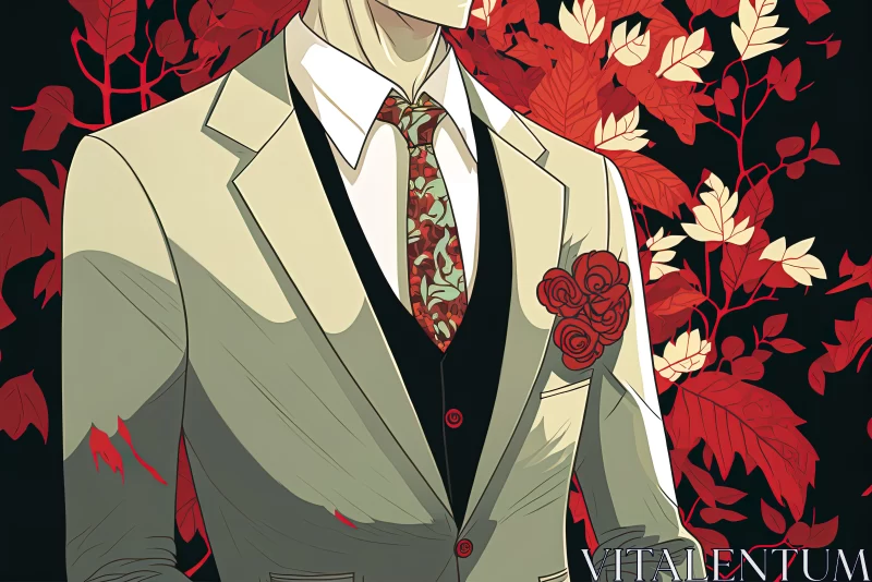 Elegant Matrimony: Closeup of Groom's Suit and Red Patterned Tie amid Serene Natural Surroundings AI Image