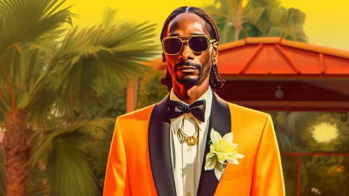 Snoop Dogg in an Orange Suit Standing Next to Palm Trees, in the Style of Digital Painting AI Image