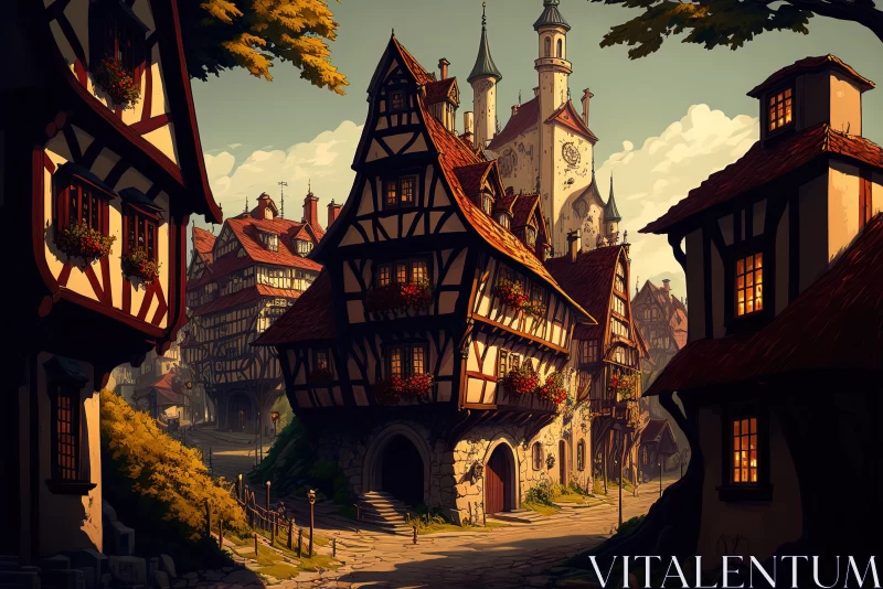 Whimsical Charm: Cartoon Caricature of a Medieval Town with Houses, Streets, and Castle on a Backgro AI Image