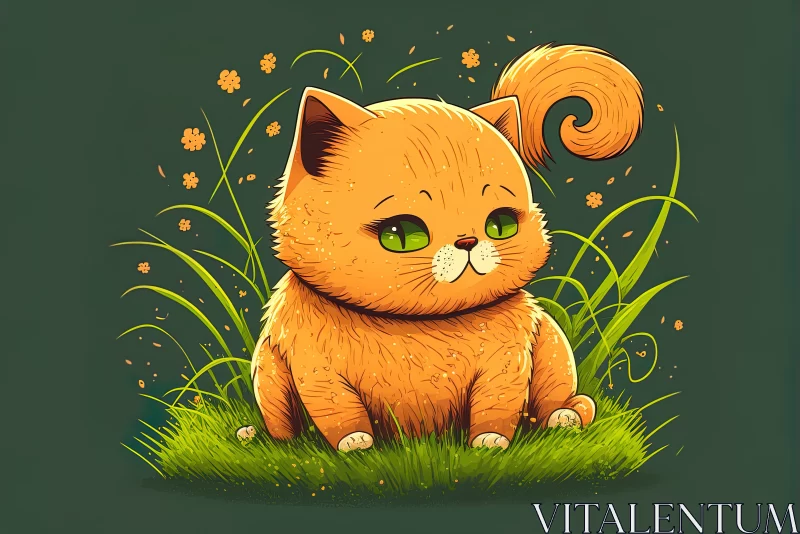 Feline Joy: Cartoon-like Orange Cat Plays with Grass AI Image