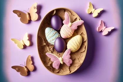 Springtime Delights: Easter Eggs in a Basket with Butterfly Shaped Figurines AI Image